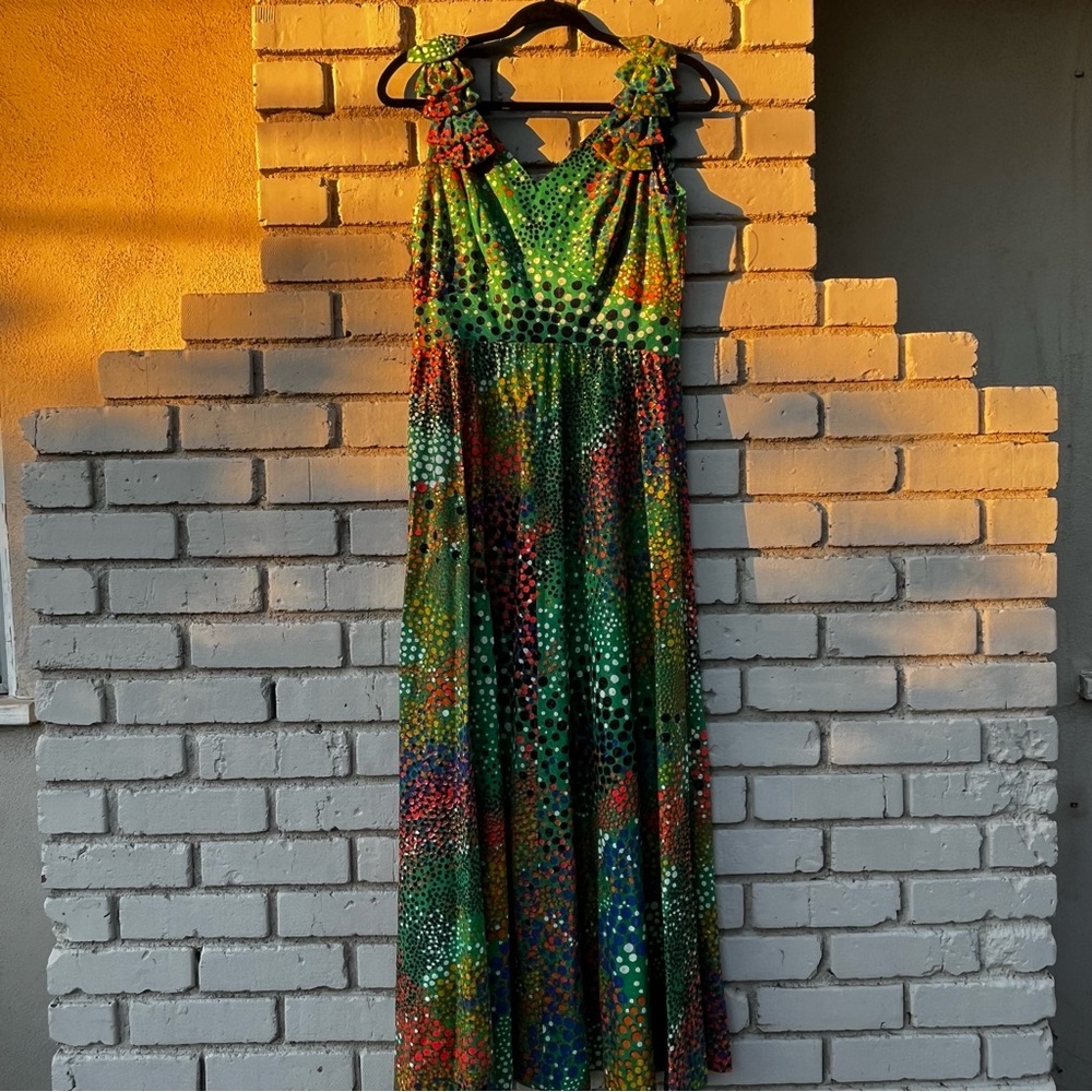 Vintage Mary Martin Colorful Polkadot Maxi Dress with Pleated Straps - Size 12